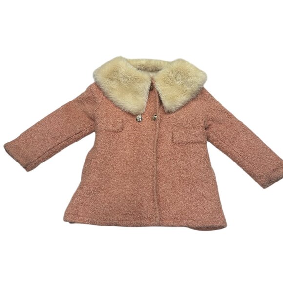 Vtg Girls Pink Wool Blend Coat Faux Fur Collar Quilted Lining 70s 80s Retro - Picture 4 of 7